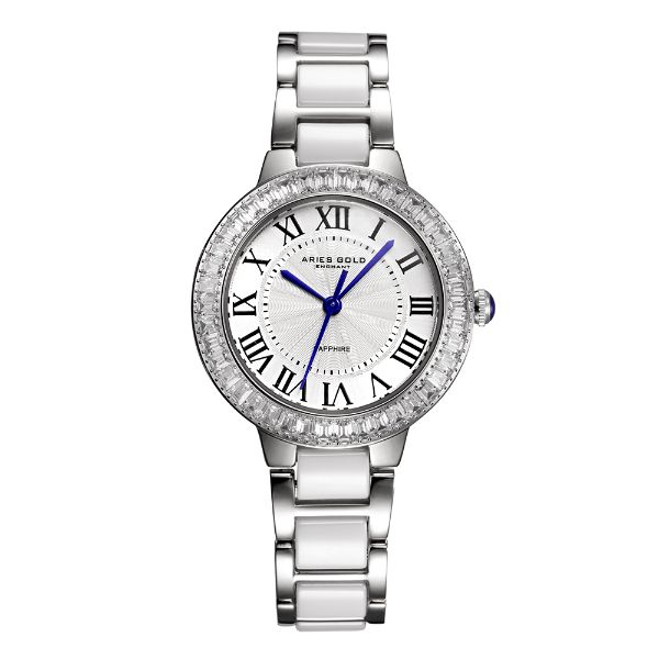 ARIES GOLD ENCHANT CAPELLA SILVER STAINLESS STEEL L 5015Z S-W WHITE CERAMIC WOMEN'S WATCH